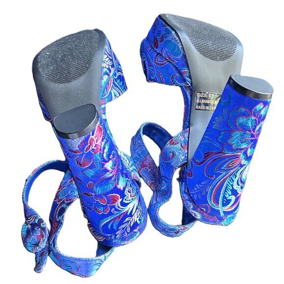 High Heel Platform Sandals SZ 8 Blue floral satin, 4.7" Heels - Picture 6 of 12